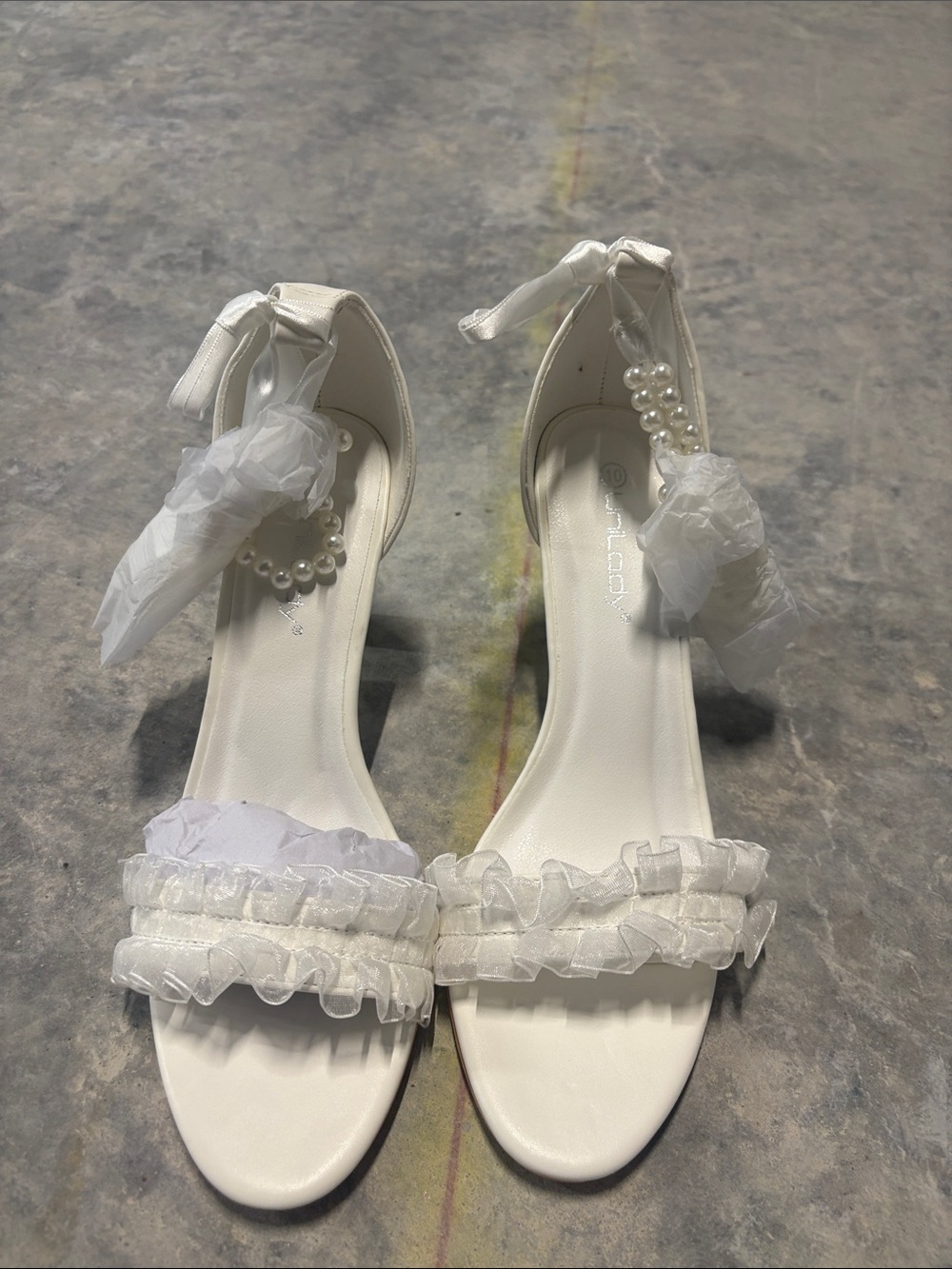 White Ruffle Ankle-Tie Heeled Sandals with Pearl Accent